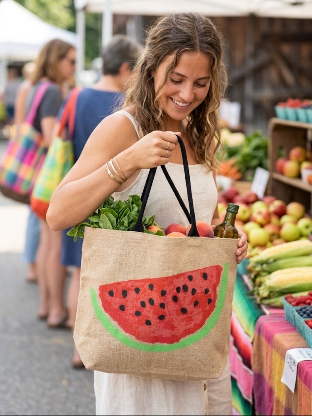 Canvas Market Tote Bag Red Watermelon Print jute NWOT 23”x 17” market fall